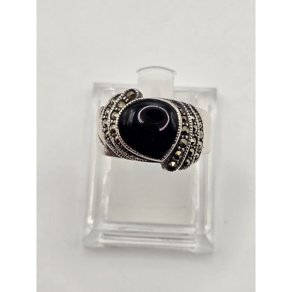 925 Sterling Silver Vintage Huge Real Black Onyx & Marcasite Ring Size 7.75